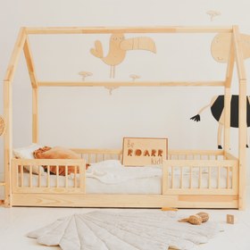 تصویر تخت خواب کودک و نوجوان تمام چوب مدل کلبه 