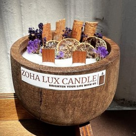 تصویر ست شمع کاسه چوبی و شمع موم عسلی در رنگ های متنوع. سینی و گلدان چوبی قابل سفارش 