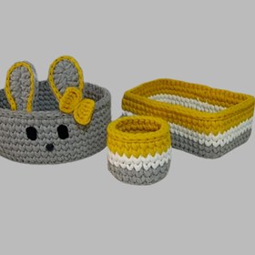 تصویر ست سبد قلاب بافی تریکو طرح سیسمونی نوزادی خرگوشی کد 16 مجموعه 3 عددی 