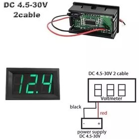 تصویر ولت متر دیجیتال 4.5 تا 30 ولت DC دو سیمه 0.56 اینچ رنگ سبز 