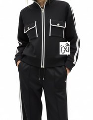 تصویر ست بامبر و شلوار زنانه مخمل مشکی با نواردوزی سفید 