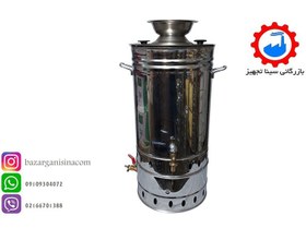 تصویر سماور صنعتی 60 لیتری گازی هیئتی برند ایران استیل کار اورجینال به همراه جای قوری Industrial 60‑liter gas cylinder with a holder for a kettle of the Iran Steel Car brand