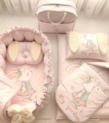 تصویر ست رختخواب نوزاد خرگوش تشک گارددار بالش فرمدهی پتو دورپیچ قنداق فرنگی ساک کودک بالش شیردهی 