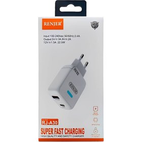 تصویر شارژر سوپرفست 22.5 وات رنجر RENJER RJ-A30 Wall Charger Super Fast Charging Dual Port PD/USB QC 3.0 RJ-A30 22.5W