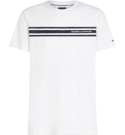 تصویر تی‌شرت راه‌راه مردانه با طراحی مرکزی - پنبه‌ای، سفید برند Tommy Hilfiger Men's Central Chest Striped T-shirt - Cotton, White