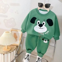 تصویر ست بچگانه وارداتی نخی مدل NiceDay | بلوز و شلوار سبز با طرح سگ کارتونی مناسب ۲ تا ۵ سال - سایز 