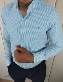 تصویر پیراهن مردانه آستین بلند ساتن کش آبی آسمانی Sky Blue Satin Long Sleeve Men's Shirt