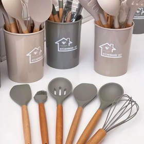 تصویر سرویس کفگیر و ملاقه 12 پارچه سیلیکونی دسته بامبو اورجینال - نوک مدادی 