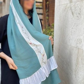 تصویر شال وال اسلپ مزونی حاشیه دانتل و گلدار رنگ سبز آبی (ارسال رایگان) 