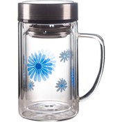 تصویر لیوان دسته‌دار پیرکس گلدار ۳۲۰ میلی‌لیتری – مدل دمنوش‌ساز دو جداره با توری و درب استیل 