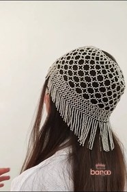 تصویر سربند زنانه خورشیدی با مروارید های باکیفیت وآویزهای مروارید 