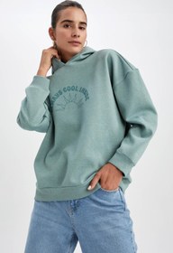 تصویر هودی زنانه سبز دیفکتو Z6130AZ22SM Regular Fit Kapüşonlu Slogan Baskılı Sweatshirt