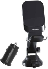 تصویر پایه ی نگهدارنده و شارژر وایرلس Porodo مدل 3 in 1 Magsafe Car Mount + QC3.0 Car Charger 