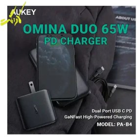 تصویر شارژر دیواری ۲ پورت ۶۵ وات آکی مدل Aukey Omnia Mix 65W PA-B3-مشکی 