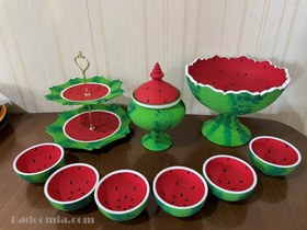 تصویر ظروف سفالی کامل طرح هندوانه ای شب یلدا کد 04 