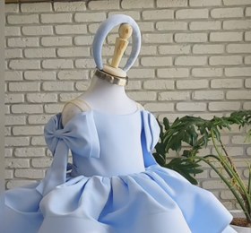 تصویر پیراهن مجلسی دخترانه مدل اقیانوس ساتن و تور 