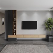 تصویر تی وی وال دکو سرو مدل آریون - طول ۳۱۰، عرض ۳۰، ارتفاع ۲۶۰ / ام دی اف طرح چوب و سوپرمات مشکی 