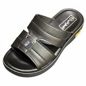 تصویر دمپایی و صندل چرم مردانه کفی طبی رویه چرم مشکی طرح المطراش 