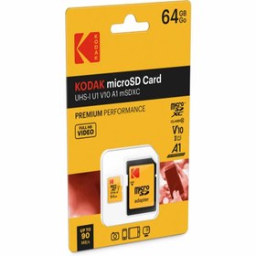 تصویر کارت حافظه microSDXC کداک مدل PREMIUM PERFORMANCE کلاس 10 استاندارد UHS-I U1 V10 A1 سرعت 90MBps ظرفیت 64 گیگابایت به همراه آداپتورSD 