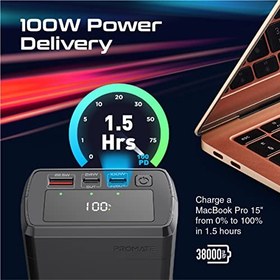 تصویر پاور بانک پرومیت، شارژر باتری لپ تاپ قابل حمل 38000 میلی آمپر ساعتی با ورودی/خروجی 100 وات برق USB-C، درگاه USB-C 24 واتی، پورت 22.5 واتی QC 3.0 و نشانگر LED باتری برای iPhone، MacBook Pro، PowerMine-130W - ارسال 20 روز کاری 