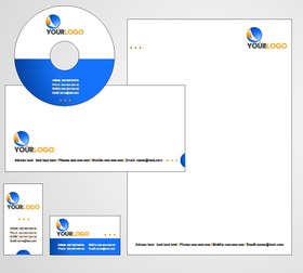 تصویر وکتور ست اداری تم آبی؛ سربرگ، پاکت نامه، کارت ویزیت افقی و عمودی، سی دی 