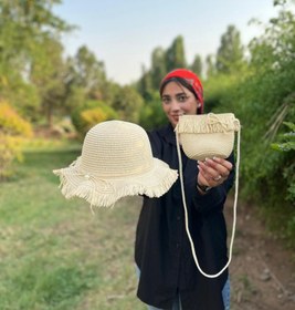 تصویر ست کلاه و کیف حصیری رنگ کرم 
