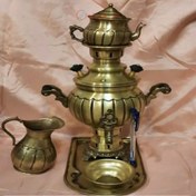 تصویر مشخصات، خرید و قیمت سماور برنجی زغالی 1 لیتری 30 سانتی - هنرظریف 1 liter charcoal brass samovar service with 5 pieces