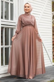 تصویر لباس مجلسی پوشیده محجبه قهوه ای سموری برند Neva Style کد 1621123454 