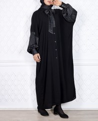تصویر عبای سارا هیلدا مدل جلو باز حریر اسود مشکی فری سایز شیک کد ۱۴۰۴۲