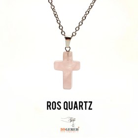 تصویر گردنبند سنگ رزکوارتز اصل و معدنی تراش صلیب با زنجیر استیل رایگان - ب Original cross cut rose quartz necklace with free steel chain