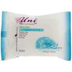 تصویر دستمال مرطوب پاک کننده آرایش یونی لد مناسب پوست نرمال 20 برگی Uni Led Normal to Combination Skin Make Up Remover Wet Wipes 20Pcs