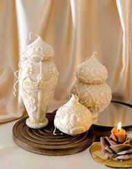 تصویر شمع ژورنالی دکوراتیو رها کندل۶، مدل اشرافی مجموعه سه عددی داخل باکس هدیه رها مال 