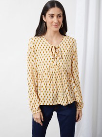 تصویر بلوز یقه V نقطه‌دار سفید/زرد/مشکی برند aila Dotted V-Neck Blouse Top White/Yellow/Black