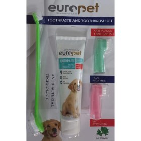 تصویر خمیر دندان مخصوص سگ با دوطعم گوشت گاو و نعناع یوروپت 100 گرم و مسواک انگشتی (ست چهار عددی) 