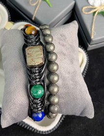 تصویر پیریت راف دستبنت‌هفت‌چاکرا با چرم و پیریت