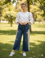 تصویر شلوار لی دخترانه شافل دمپا گشاد نگینی جنس درجه یک کمر کش 