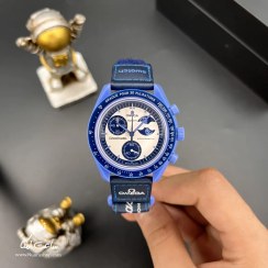 تصویر ساعت مچی امگا سواچ مدل Super Blue Moonphase مردانه با بند برزنتی 