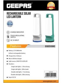 تصویر چراغ اضطراری شارژی جی پاس مدل GSE5590 Rechargeable Solar LED Lantern