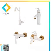 تصویر ست شیرآلات آرتین مدل آونگ سفید طلایی Artin faucet set Avang white golden