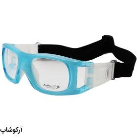 تصویر عینک طبی ورزشی با فریم آبی رنگ و بند مشکی برای فوتبال، والیبال، بسکتبال، فوتسال و هندبال مدل HY070 