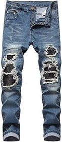 تصویر HOBTEC HOBTEC Menchinopants High-street ripped men denim jeans knee hole folds locomotive stretch trousers plus size pants (Color : Hortel , Size : 40) 