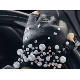 تصویر دستکش نیم انگشتی چرم طبیعی گوسفندی مدل مرواریدی - مشکی 