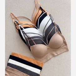 تصویر ست لباس زیر زنانه هارنس دار فری سایز رنگ سفید و طوسی و مشکی و نارنجی و نسکافه ای 