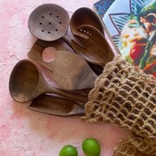 تصویر ست کفگیر ملاقه چوبی دستساز بارلی ویژه جهیزیه عروس کاوردار 7 تکه چوب گردو 25 سانتی کد bar0029 