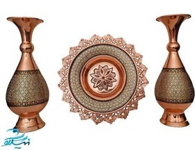 تصویر ست جفت گلدان و بشقاب 20 سانتی مس و خاتم 