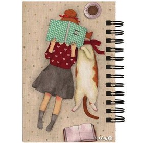 تصویر دفترچه جلد چوبی فانتزی A6 زونیت با طرح کارتونی دخترک و گربه کد 259 