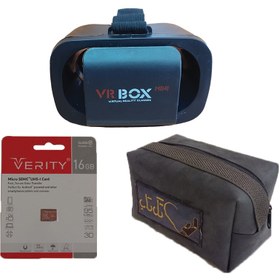 تصویر هدست واقعیت مجازی مدلVRBOXMINI و محتوای360 درجه و کارت حافظه و دسته بلوتوثی (برای بازی) و کیف محافظ 