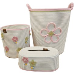 تصویر ست سطل و جای دستمال کاغذی لالیپاپ مدل شکوفه به همراه سبد اسباب بازی 