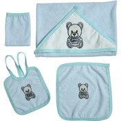 تصویر سرویس حوله نوزاد ۴ تکه طرح جعبه ای لاولی خرسی آبی آسمانی 