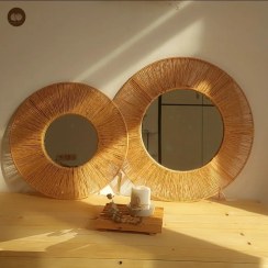 تصویر آینه دکوراتیو قاب رافیا دو تایی قطر ۵۰ و ۳۰ سانت 